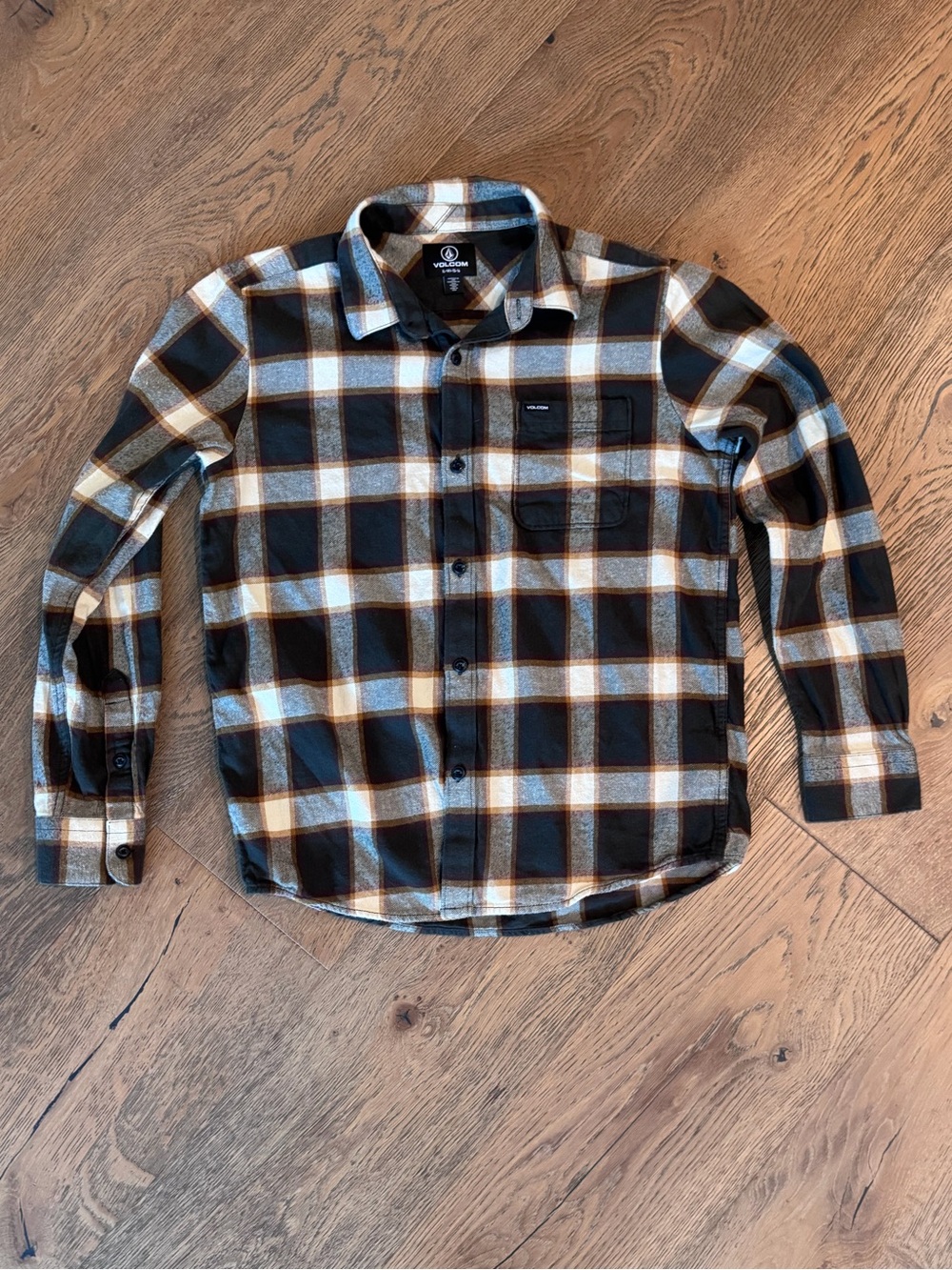 Volcom Men’s Brown, Gray and White Plaid Flannel Button-Down Shirt